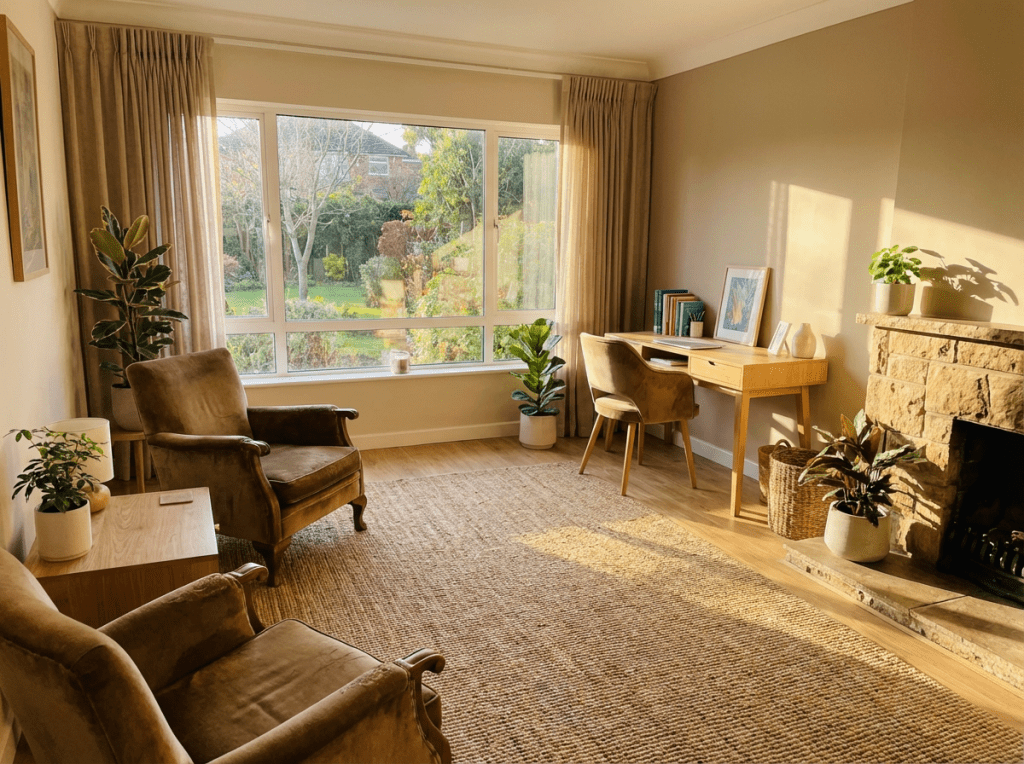 Sun-drenched living room with a desk, velvet armchairs, and large windows overlooking a garden.
